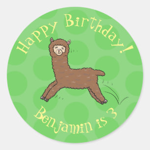 Cute happy brown alpaca cartoon classic round sticker