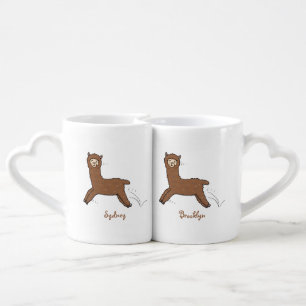 Cute happy brown alpaca cartoon coffee mug set