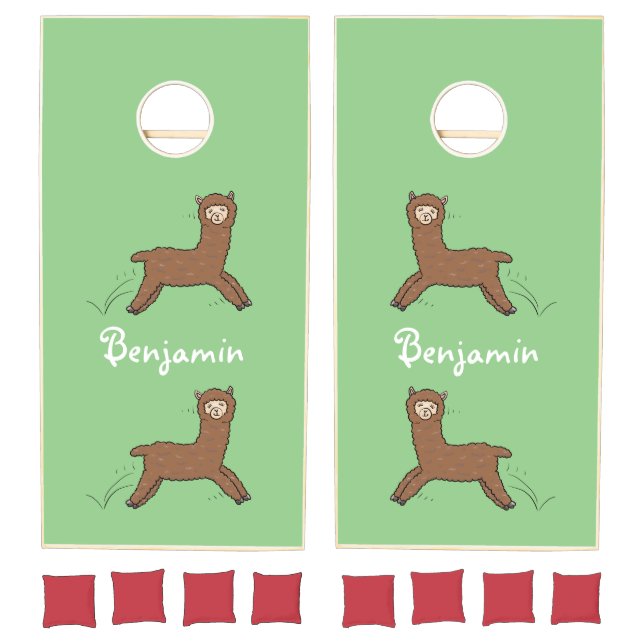 Cute happy brown alpaca cartoon cornhole set (Set)