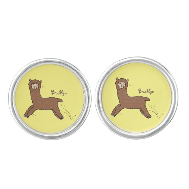 Cute happy brown alpaca cartoon  cufflinks (Front)
