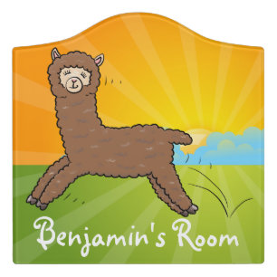 Cute happy brown alpaca cartoon door sign