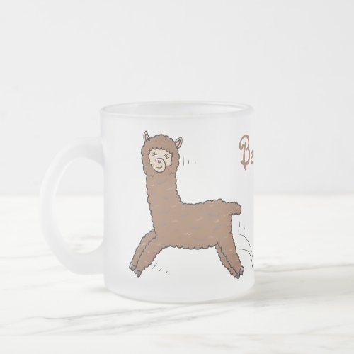 Cute happy brown alpaca cartoon frosted glass coffee mug