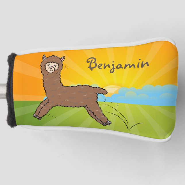 Cute happy brown alpaca cartoon golf head cover (Front)