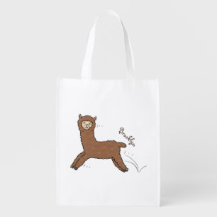 Cute happy brown alpaca cartoon grocery bag