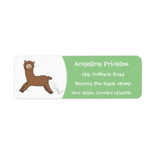 Cute happy brown alpaca cartoon label