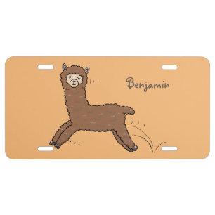 Cute happy brown alpaca cartoon license plate