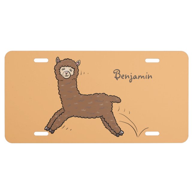Cute happy brown alpaca cartoon license plate (Front)