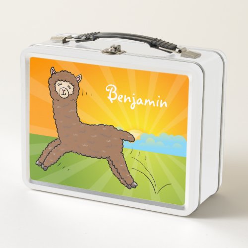 Cute happy brown alpaca cartoon metal lunch box