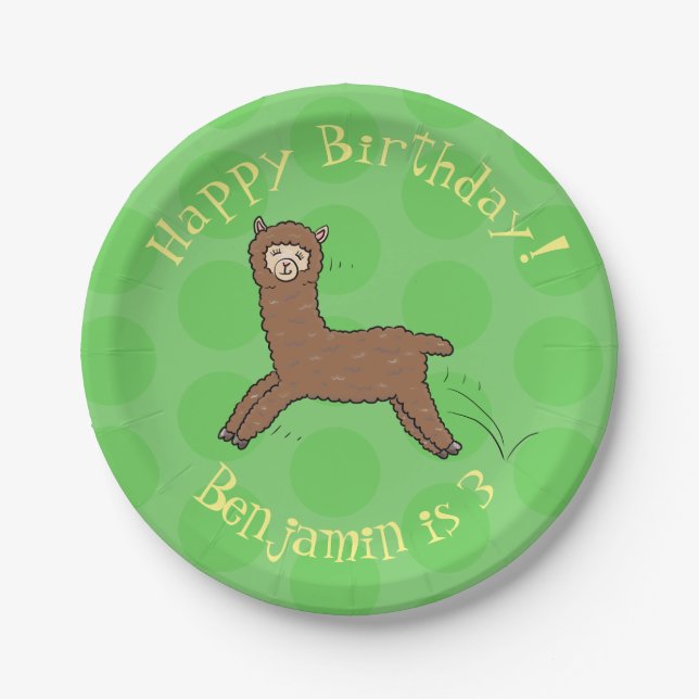 Cute happy brown alpaca cartoon paper plates (Front)