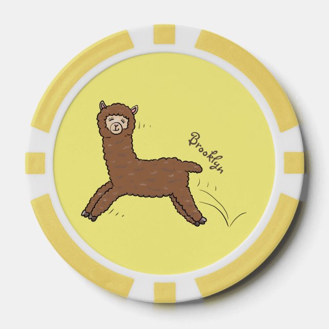 Cute happy brown alpaca cartoon poker chips (Front)