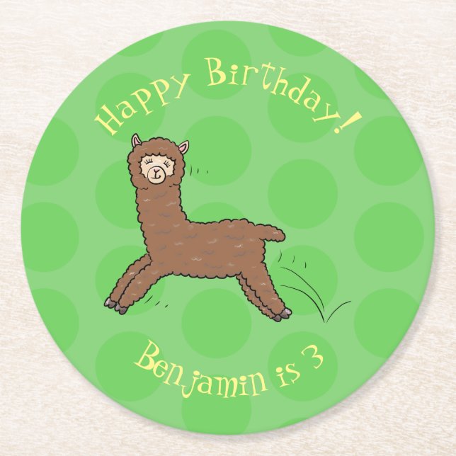 Cute happy brown alpaca cartoon round paper coaster (Front)