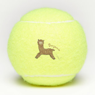 Cute happy brown alpaca cartoon tennis balls