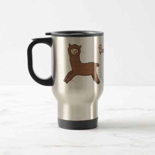 Cute happy brown alpaca cartoon travel mug