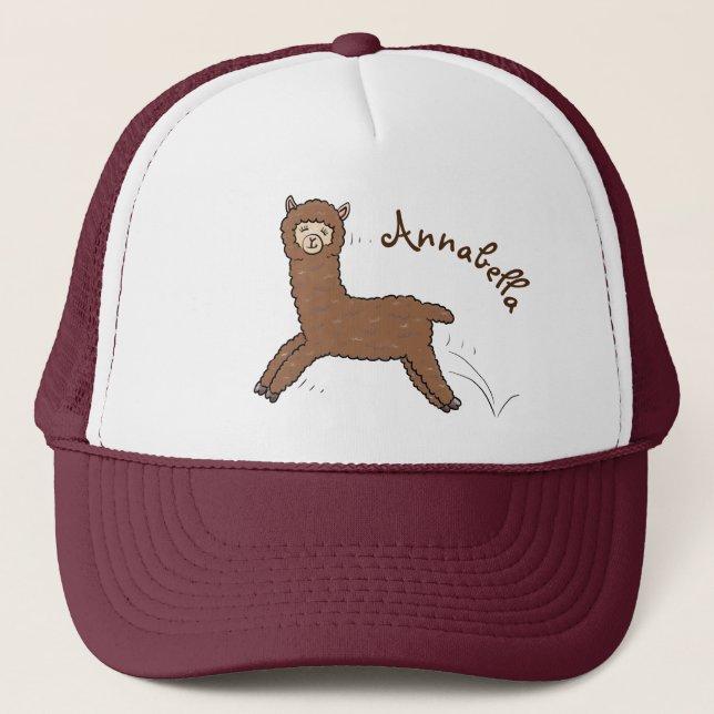 Cute happy brown alpaca cartoon trucker hat (Front)