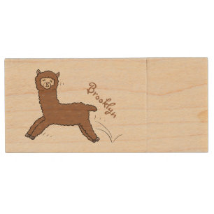 Cute happy brown alpaca cartoon wood flash drive