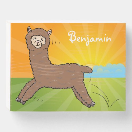 Cute happy brown alpaca cartoon wooden box sign