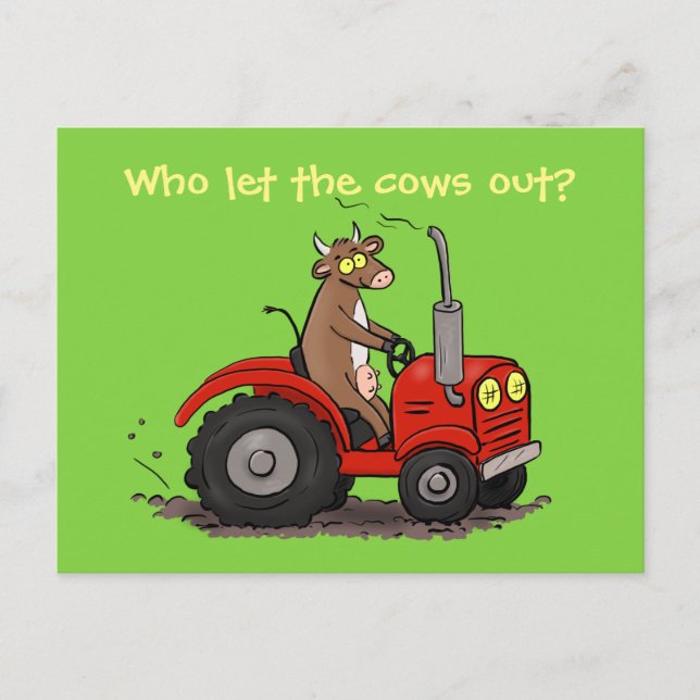 Cute happy brown cow driving tractor cartoon postcard (Front)
