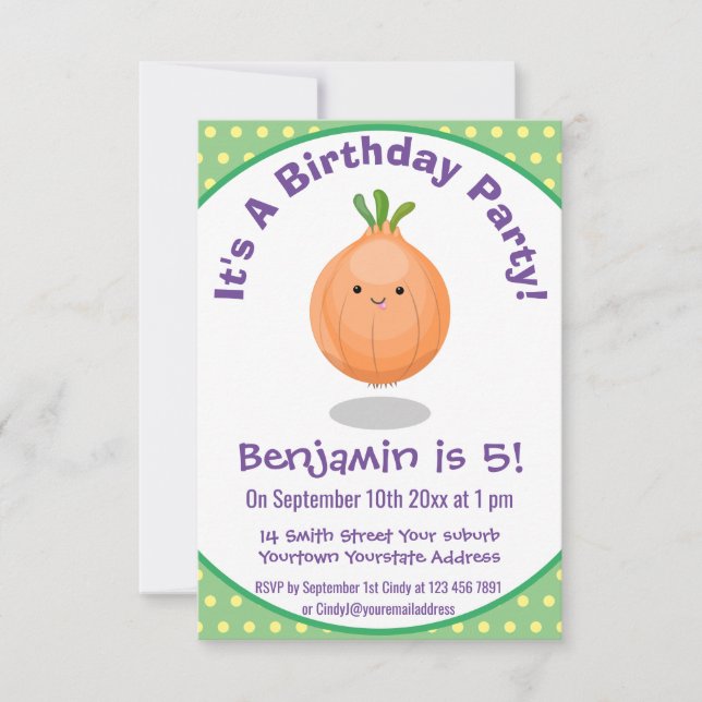 Cute happy brown onion cartoon illustration invitation (Front)