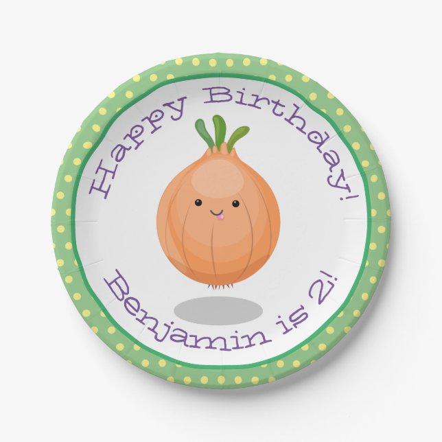 Cute happy brown onion cartoon illustration paper plates (Front)