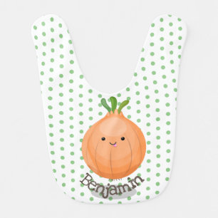 Cute happy brown onion green cartoon illustration baby bib