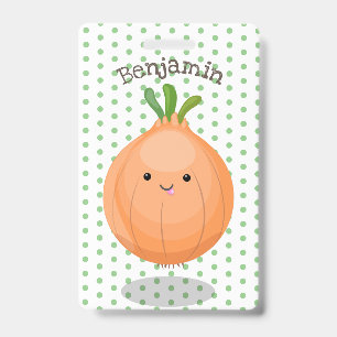Cute happy brown onion green cartoon illustration badge