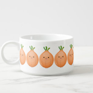 Cute happy brown onion green cartoon illustration bowl