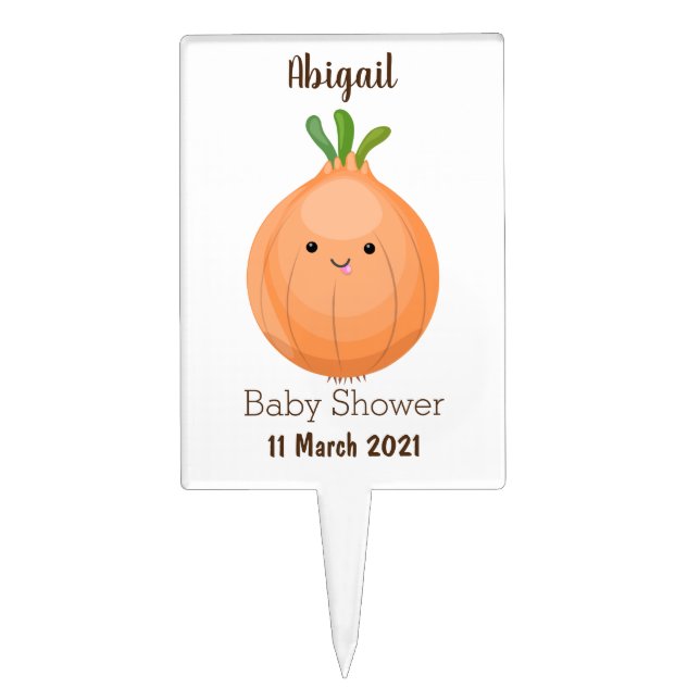 Cute happy brown onion green cartoon illustration cake topper (Front)
