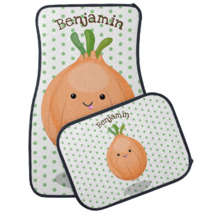 Cute happy brown onion green cartoon illustration car floor mat