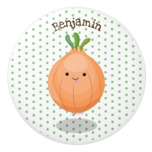Cute happy brown onion green cartoon illustration ceramic knob