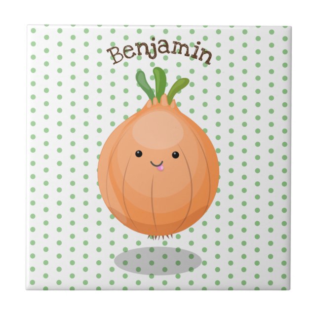 Cute happy brown onion green cartoon illustration ceramic tile (Front)
