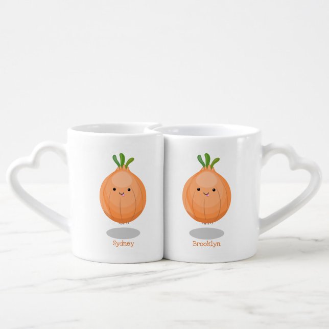 Cute happy brown onion green cartoon illustration coffee mug set (Back Nesting)
