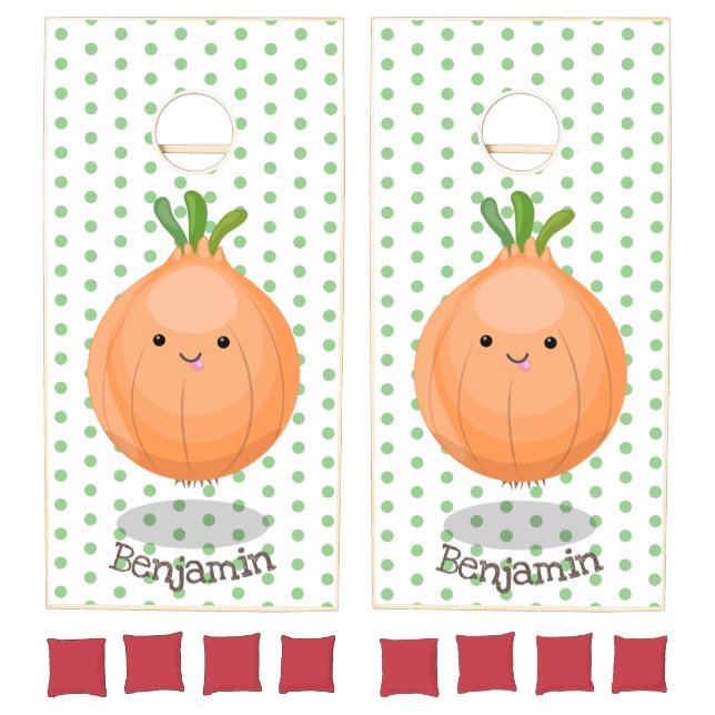 Cute happy brown onion green cartoon illustration cornhole set (Set)