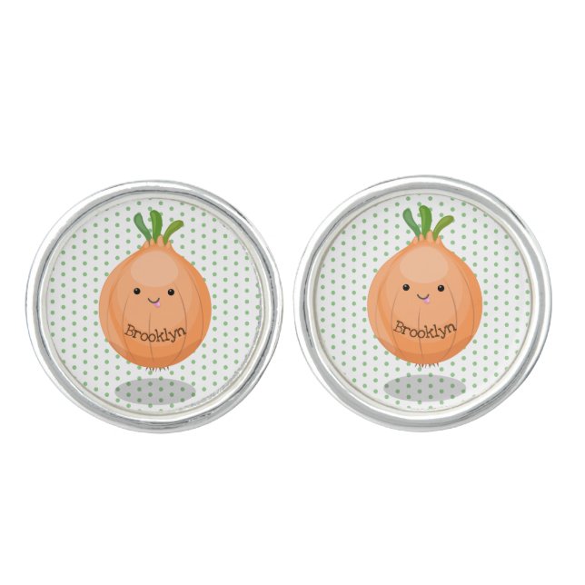 Cute happy brown onion green cartoon illustration cufflinks (Front)
