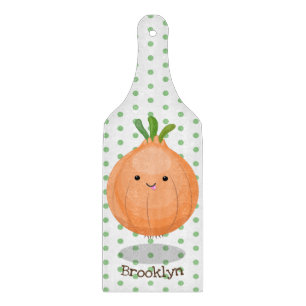 Cute happy brown onion green cartoon illustration cutting board