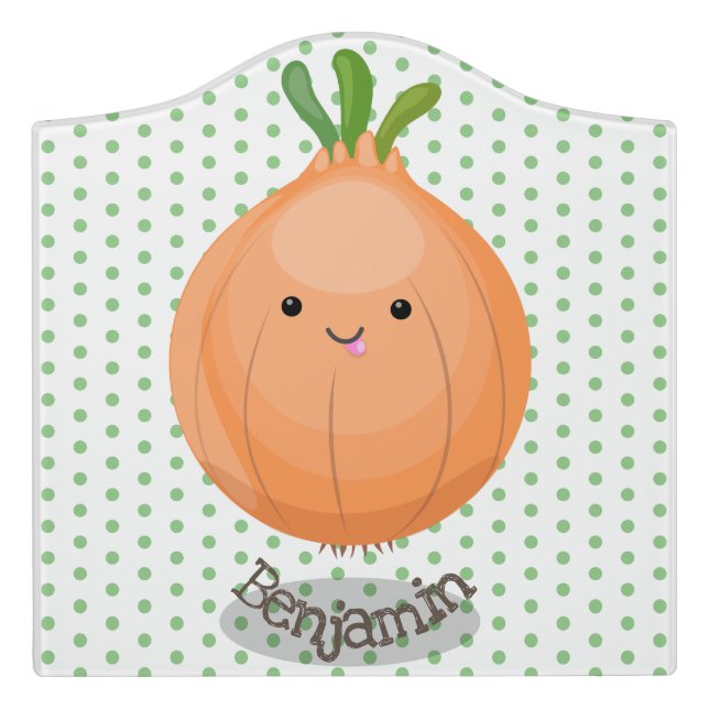 Cute happy brown onion green cartoon illustration door sign (Large Crest Front)