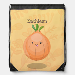 Cute happy brown onion green cartoon illustration drawstring bag