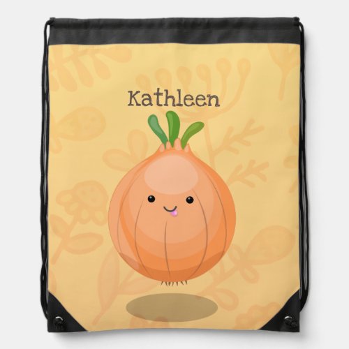 Cute happy brown onion green cartoon illustration drawstring bag