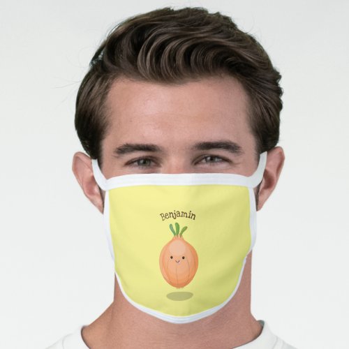 Cute happy brown onion green cartoon illustration face mask