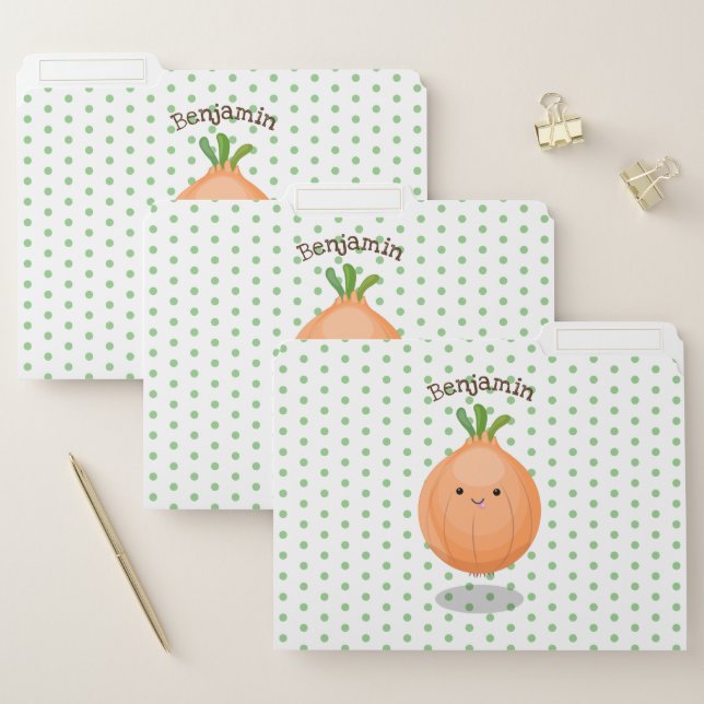 Cute happy brown onion green cartoon illustration file folder (Set)