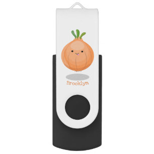 Cute happy brown onion green cartoon illustration flash drive