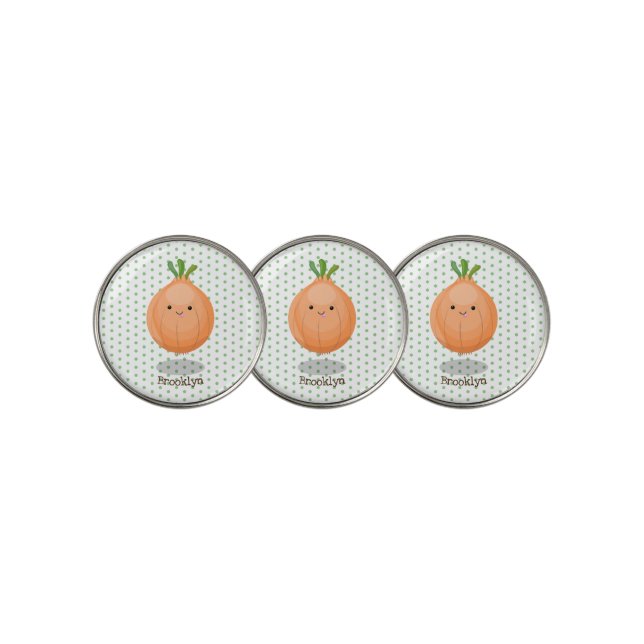Cute happy brown onion green cartoon illustration golf ball marker (3 Up)