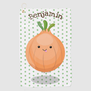 Cute happy brown onion green cartoon illustration golf towel