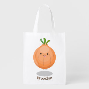 Cute happy brown onion green cartoon illustration grocery bag