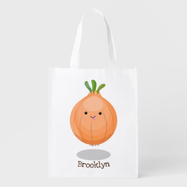 Cute happy brown onion green cartoon illustration grocery bag (Front)