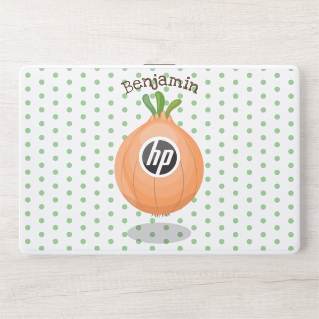 Cute happy brown onion green cartoon illustration HP laptop skin (Front)