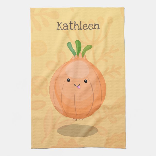 Cute happy brown onion green cartoon illustration kitchen towel (Vertical)