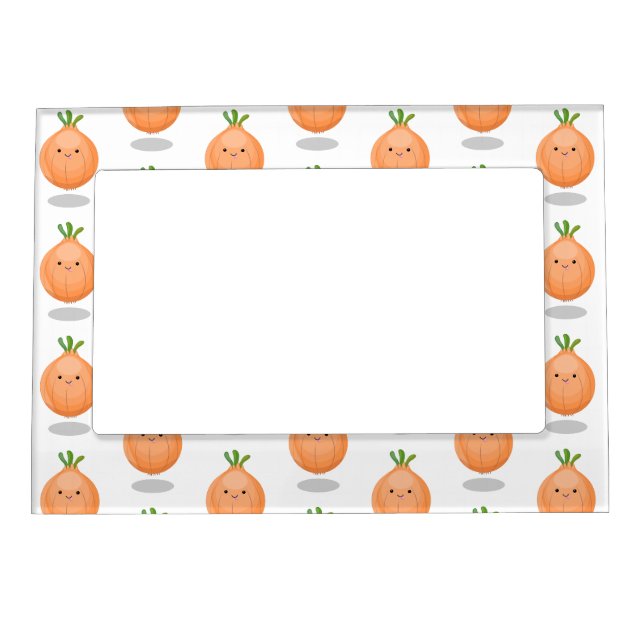 Cute happy brown onion green cartoon illustration magnetic frame (Front)