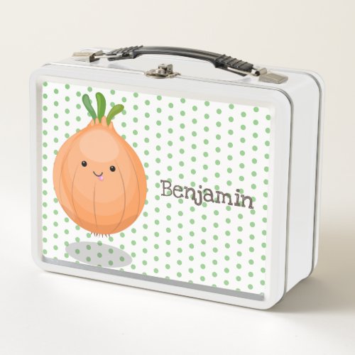 Cute happy brown onion green cartoon illustration metal lunch box