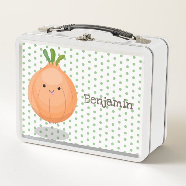 Cute happy brown onion green cartoon illustration metal lunch box (Front)