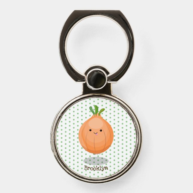 Cute happy brown onion green cartoon illustration phone ring stand (Front)